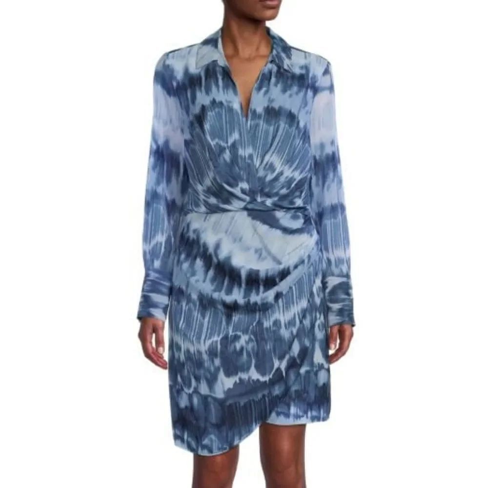 CALVIN KLEIN Blue Watercolor Mini Fit & Flare Shirt Dress